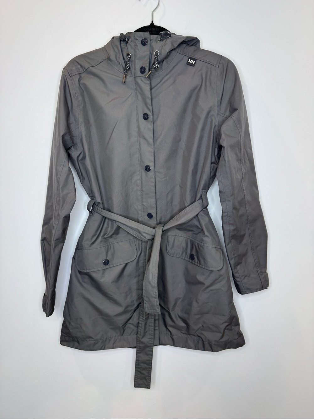 Helly Hansen Kirkwall II Raincoat Women's Gray Hooded Trench Coat sz medium